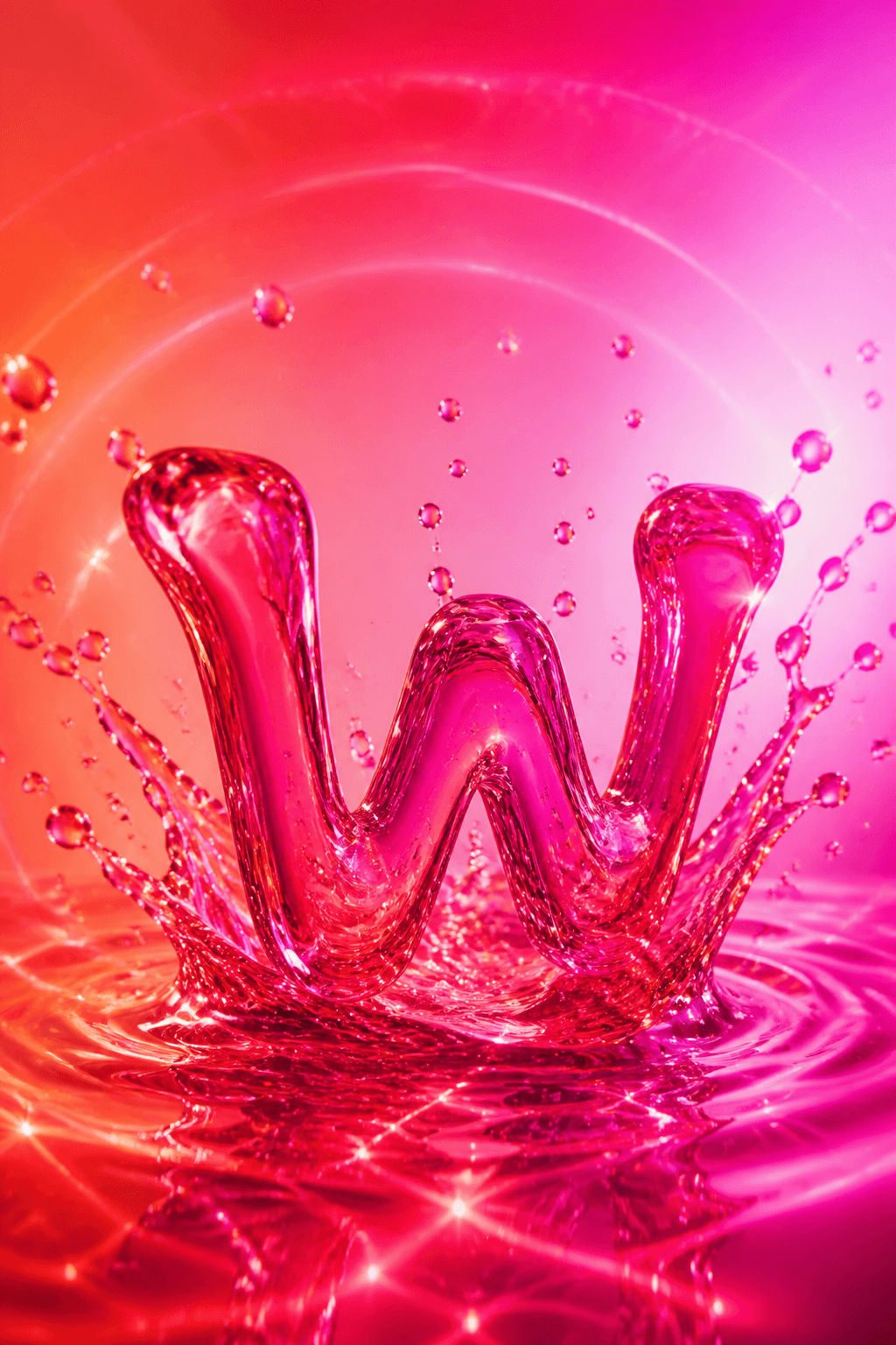 Vibrant hot-pink glass letter W surging from a liquid splash